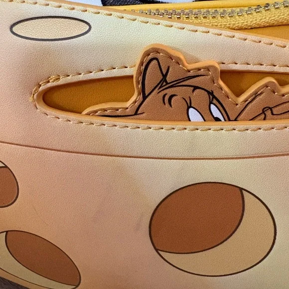 Loungefly Tom & Jerry Blue Gray Pink Faux Fur Backpack with Yellow Cheese Pocket - Picture 2 of 6